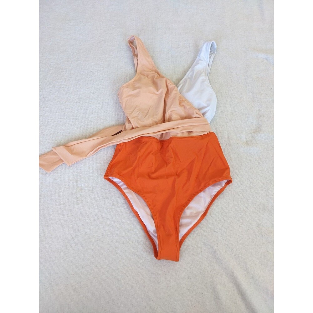 New CUPSHE Women's Orange White Bowknot Bathing Suit Padded, Size Medium
